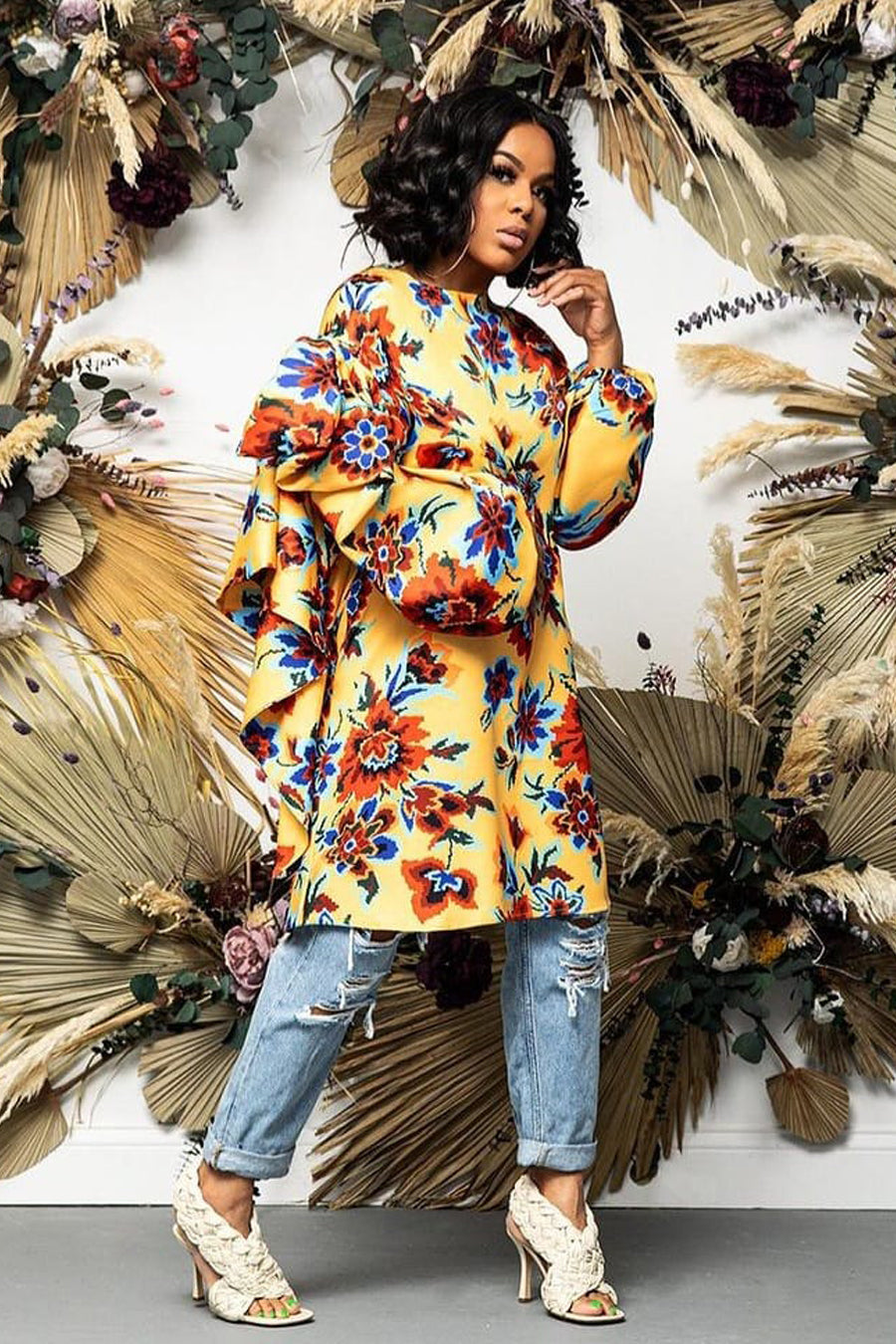 Long Sleeve Floral Print Short Dress