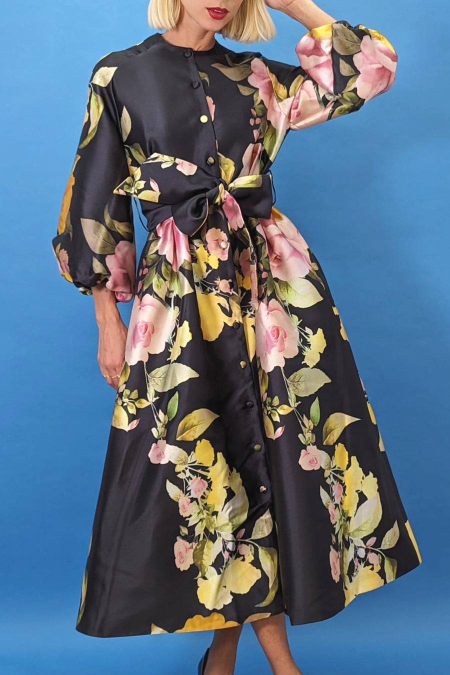 Long Sleeve Floral Print Button Down Dress