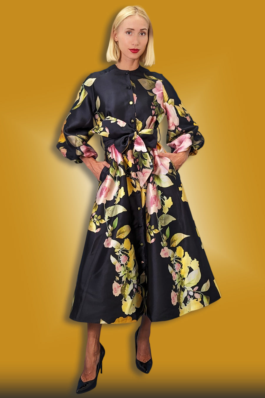 Long Sleeve Floral Print Button Down Dress