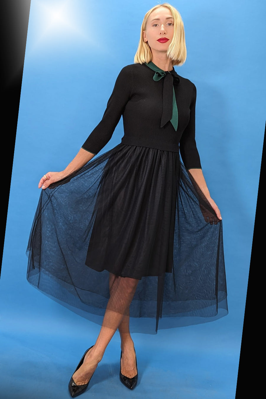Long Sleeve Tulle Ribbon Midi Dress