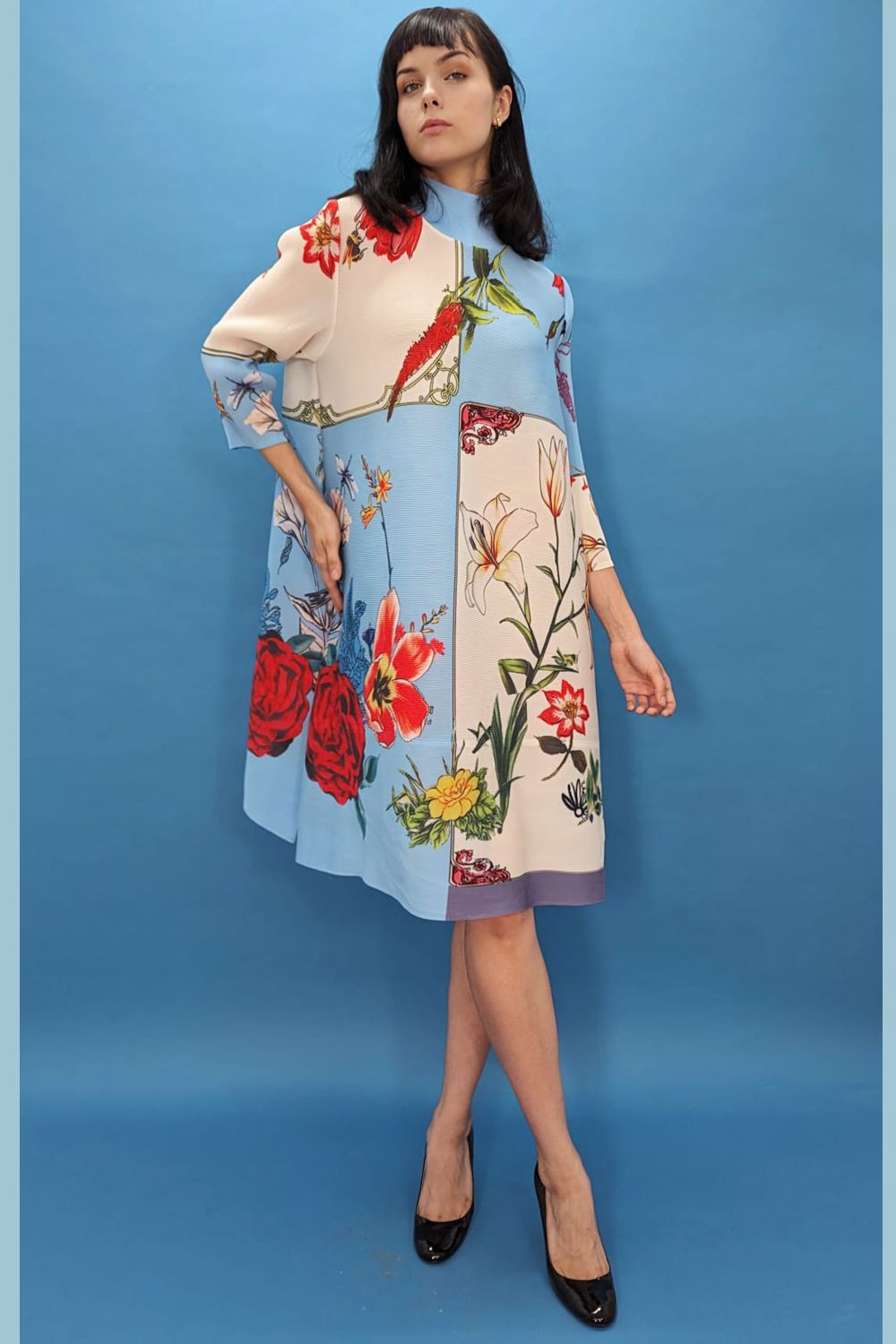 Long Sleeve High Neck Floral Short Dress