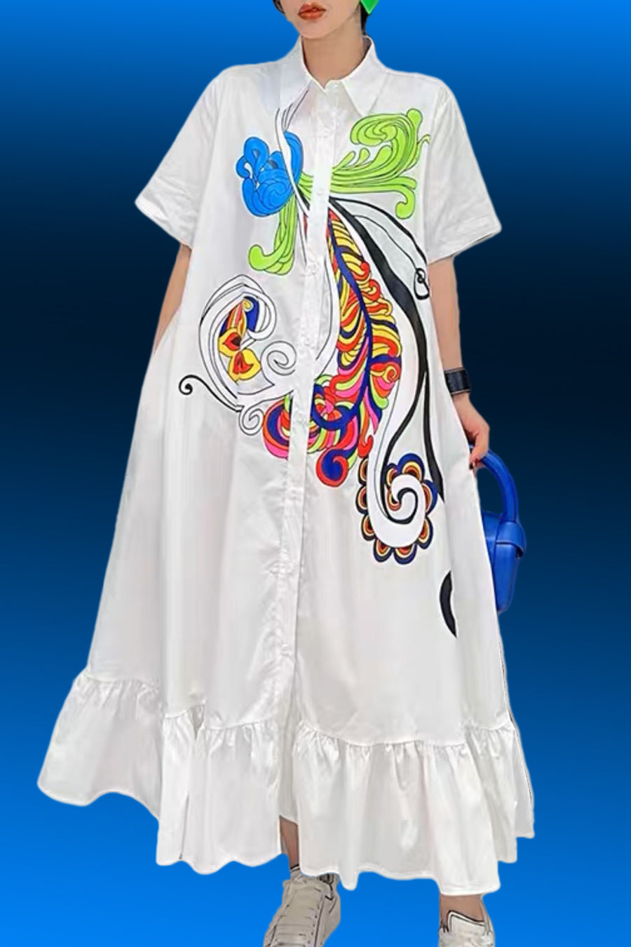Short Sleeve Button Down Printed Tiered Midi Dress