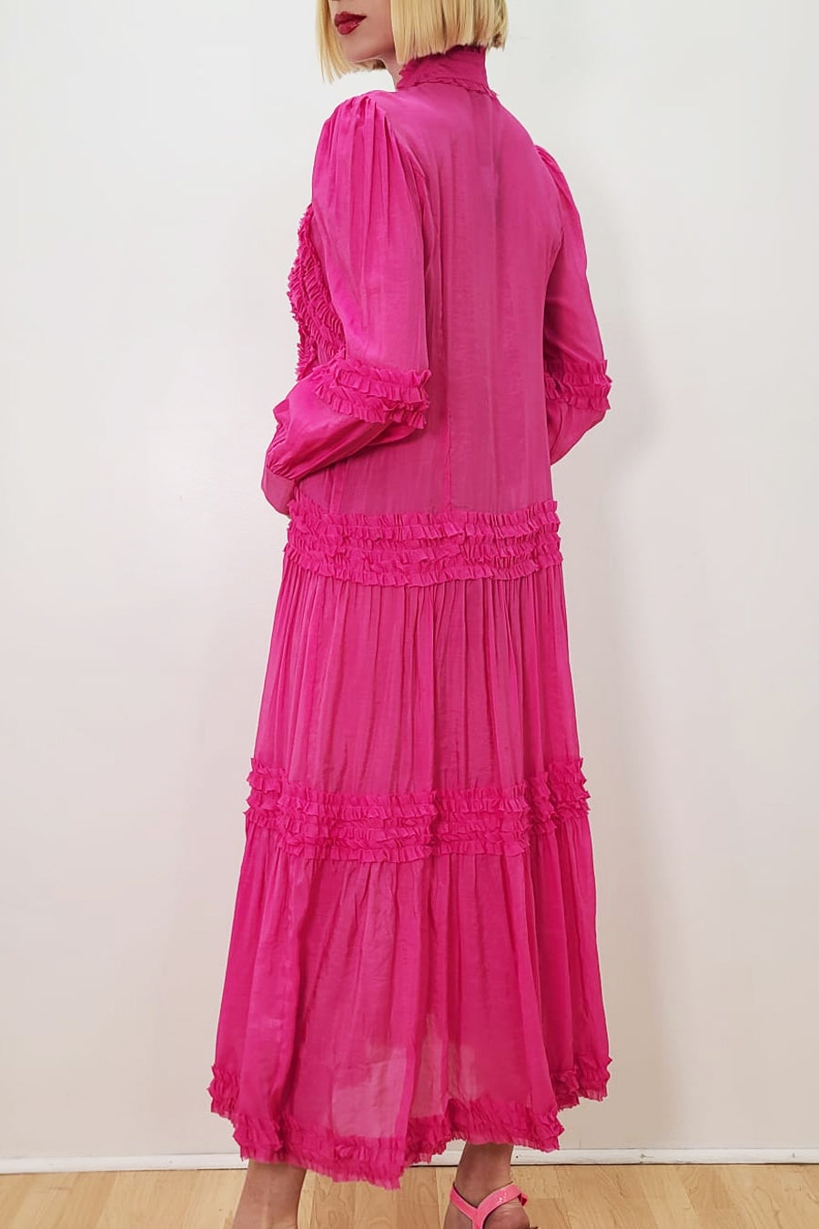 Long Sleeve Tiered Button Down Chiffon Dress