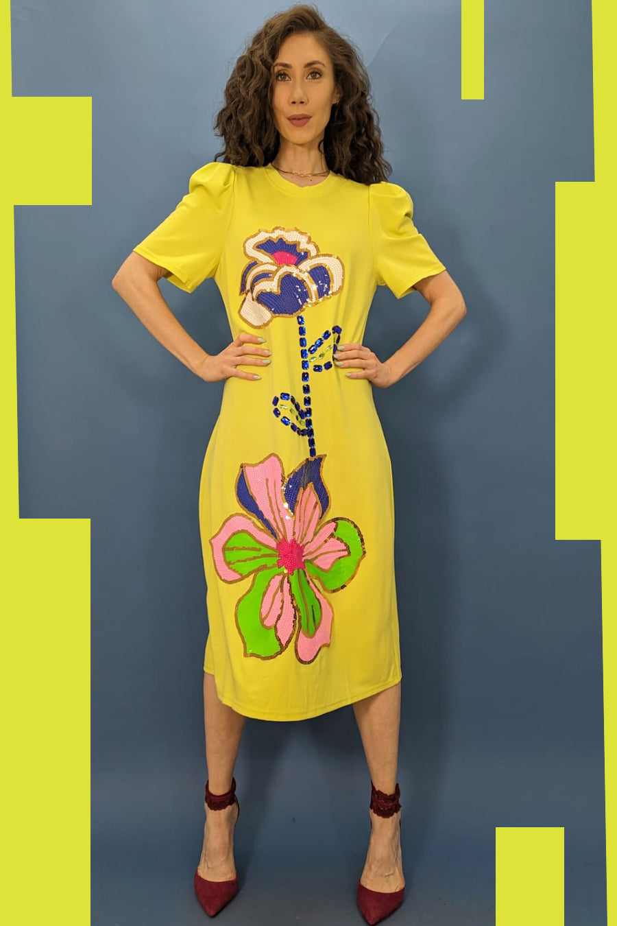 Short Sleeve Sequin Flower Midi Dress