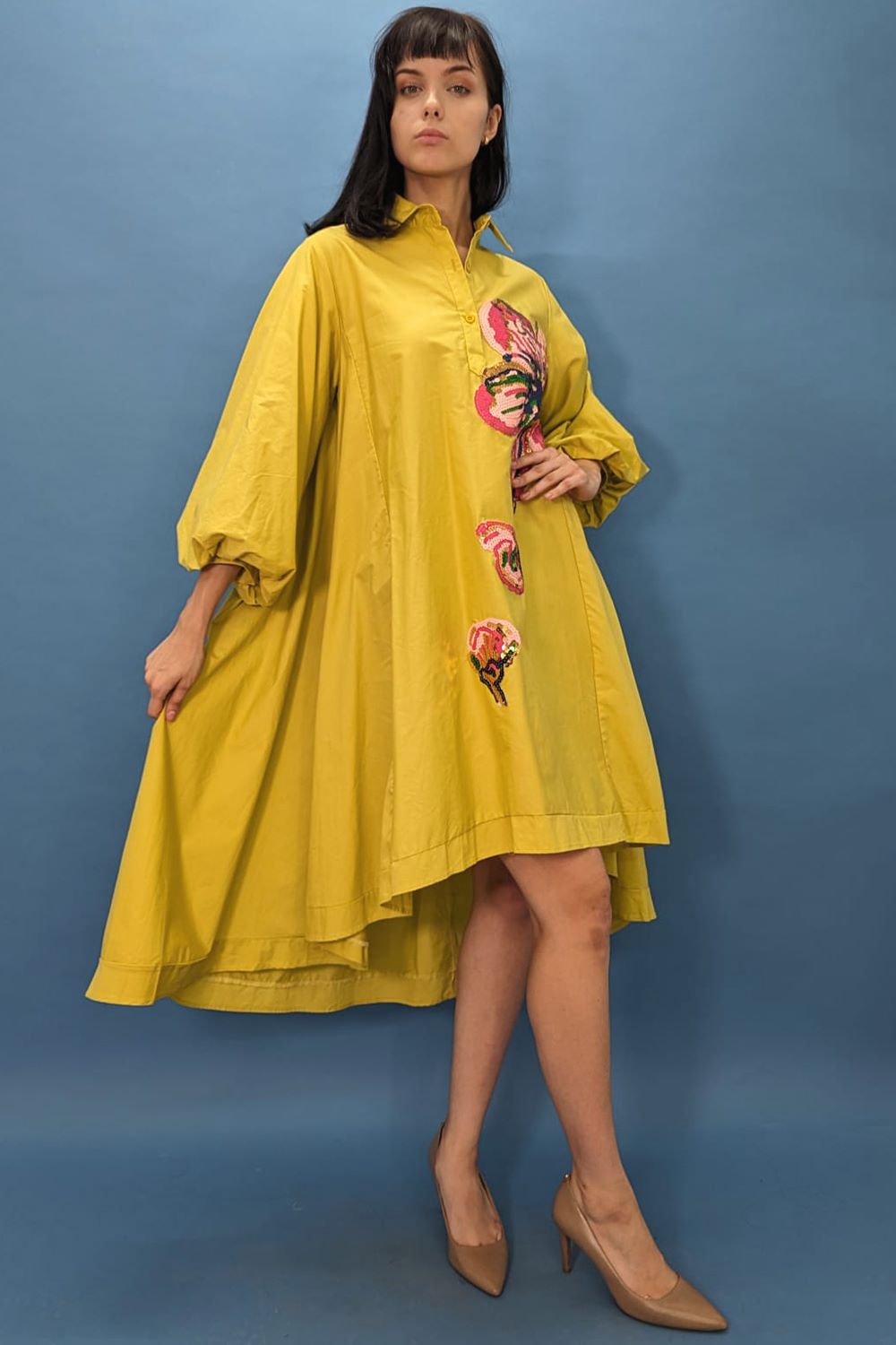 Long Sleeve Sequin High Low Cotton Short Dress