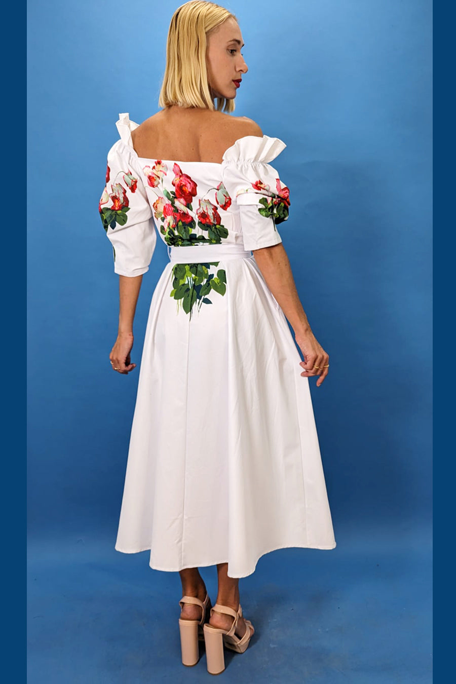 Off Shoulder Warp Belt Flower Print Midi Dress
