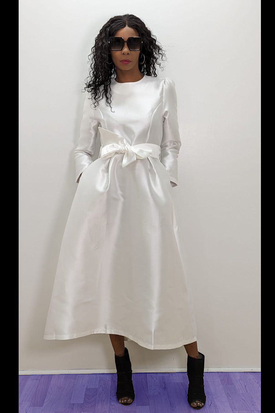 Long Sleeve Wrap Belt Pockets Satin Midi Dress