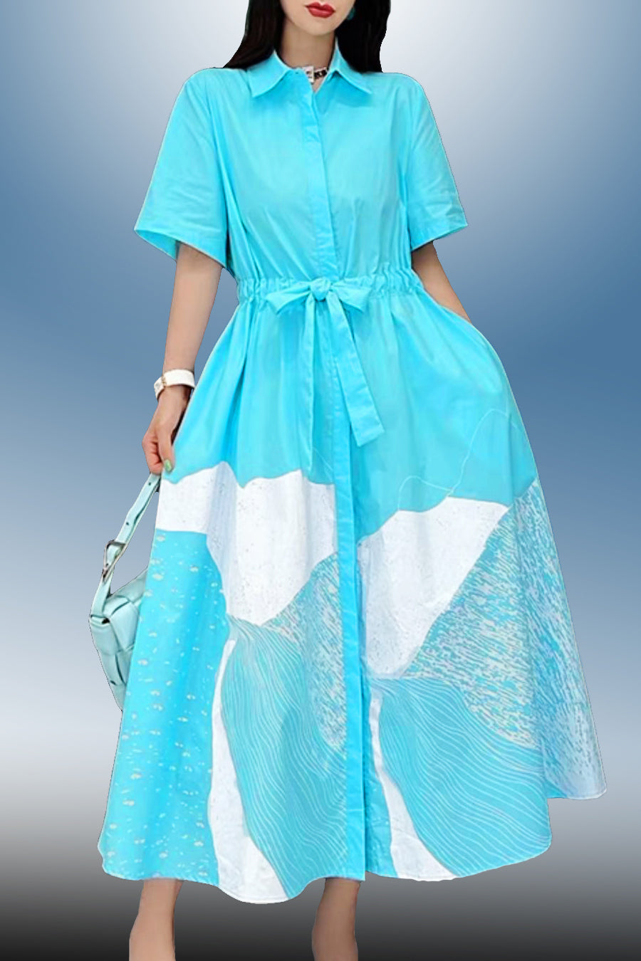 Short Sleeve Button Down Drawstring Midi Dress