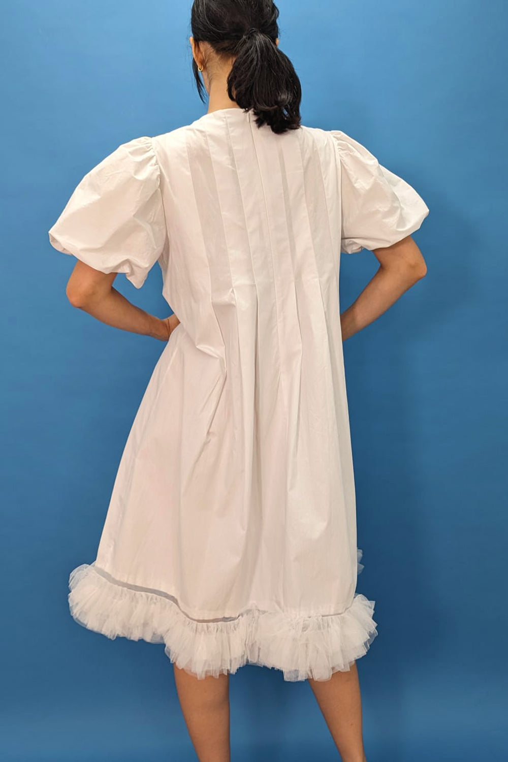 Short Puff Sleeve Bow Cotton Blend Dress