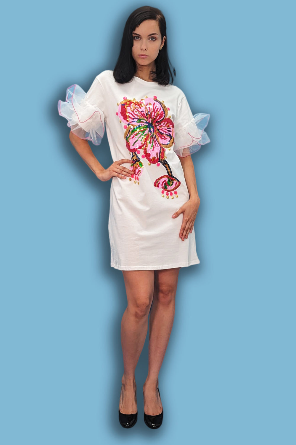 Short Sleeve Flower Sequin Ruffle Dress