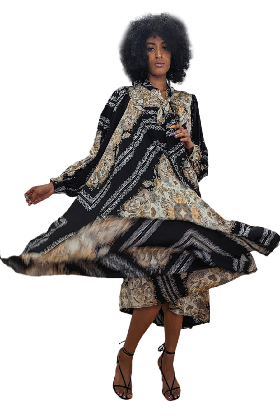 Long Sleeve Patterned Midi Dress