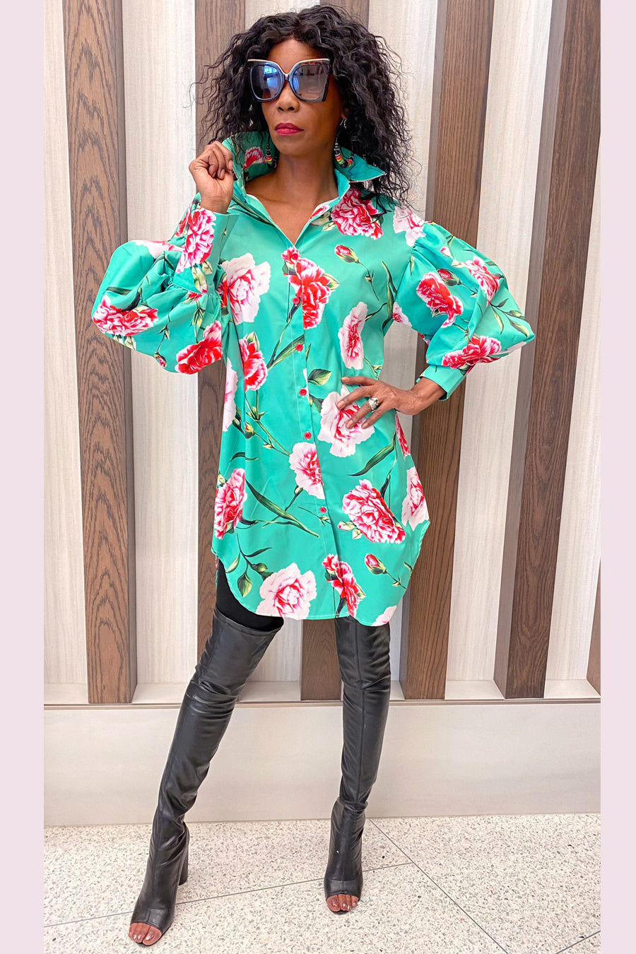 Long Sleeve Floral Print Collared Short Dress