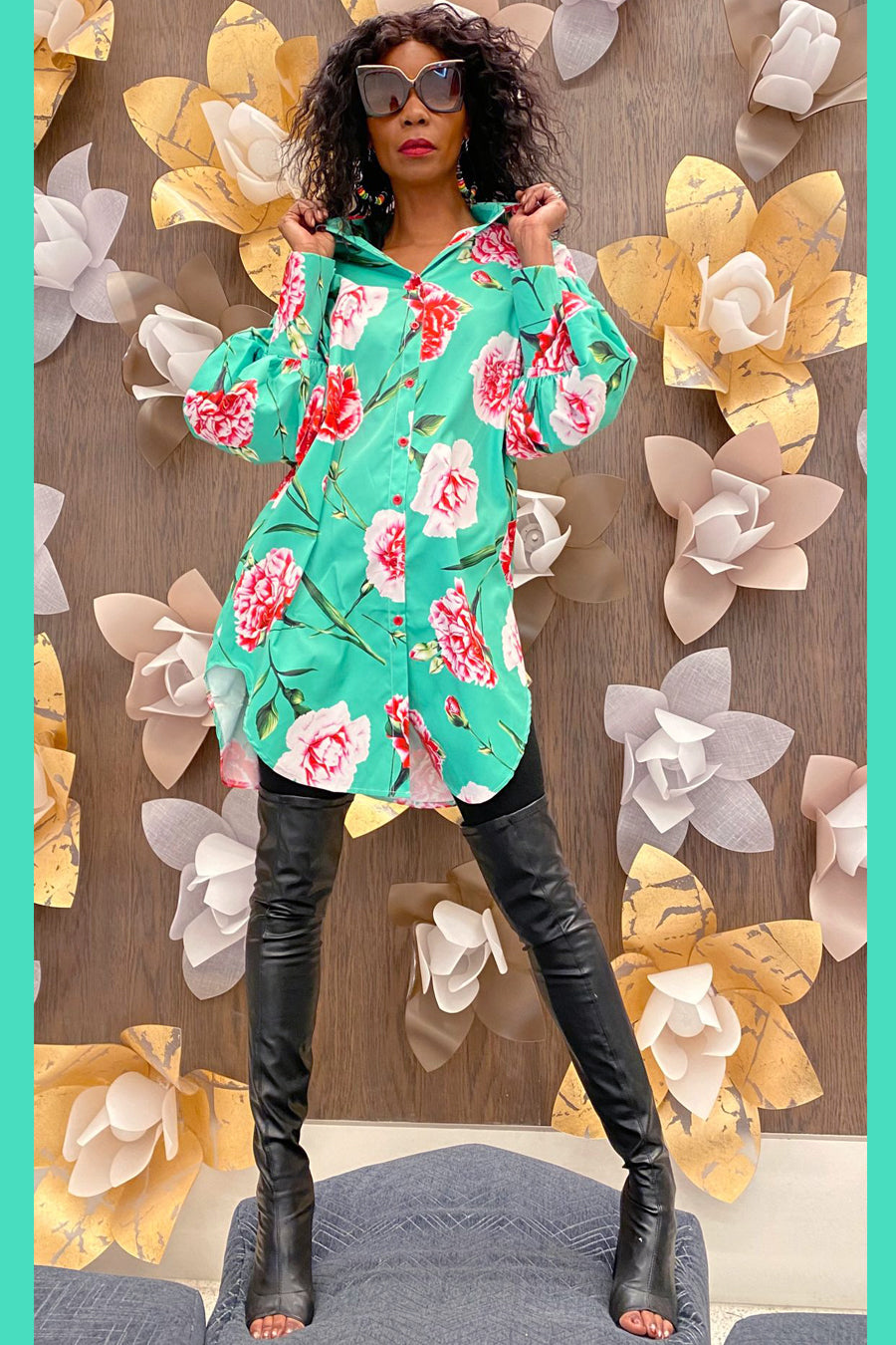 Long Sleeve Floral Print Collared Short Dress