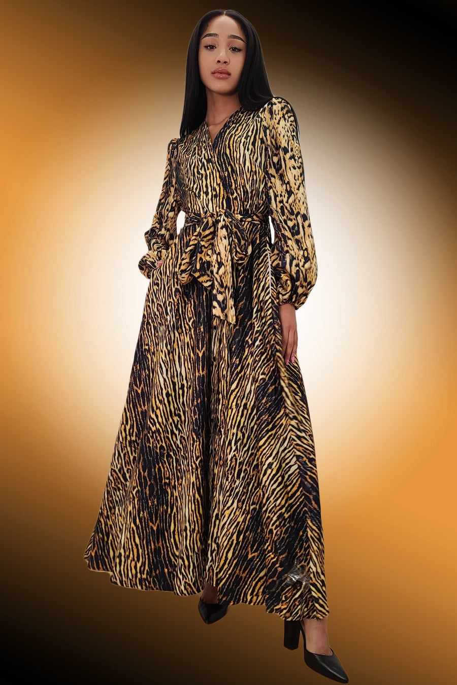 Long Sleeve Leopard Print Wrap Belt V Neck Dress