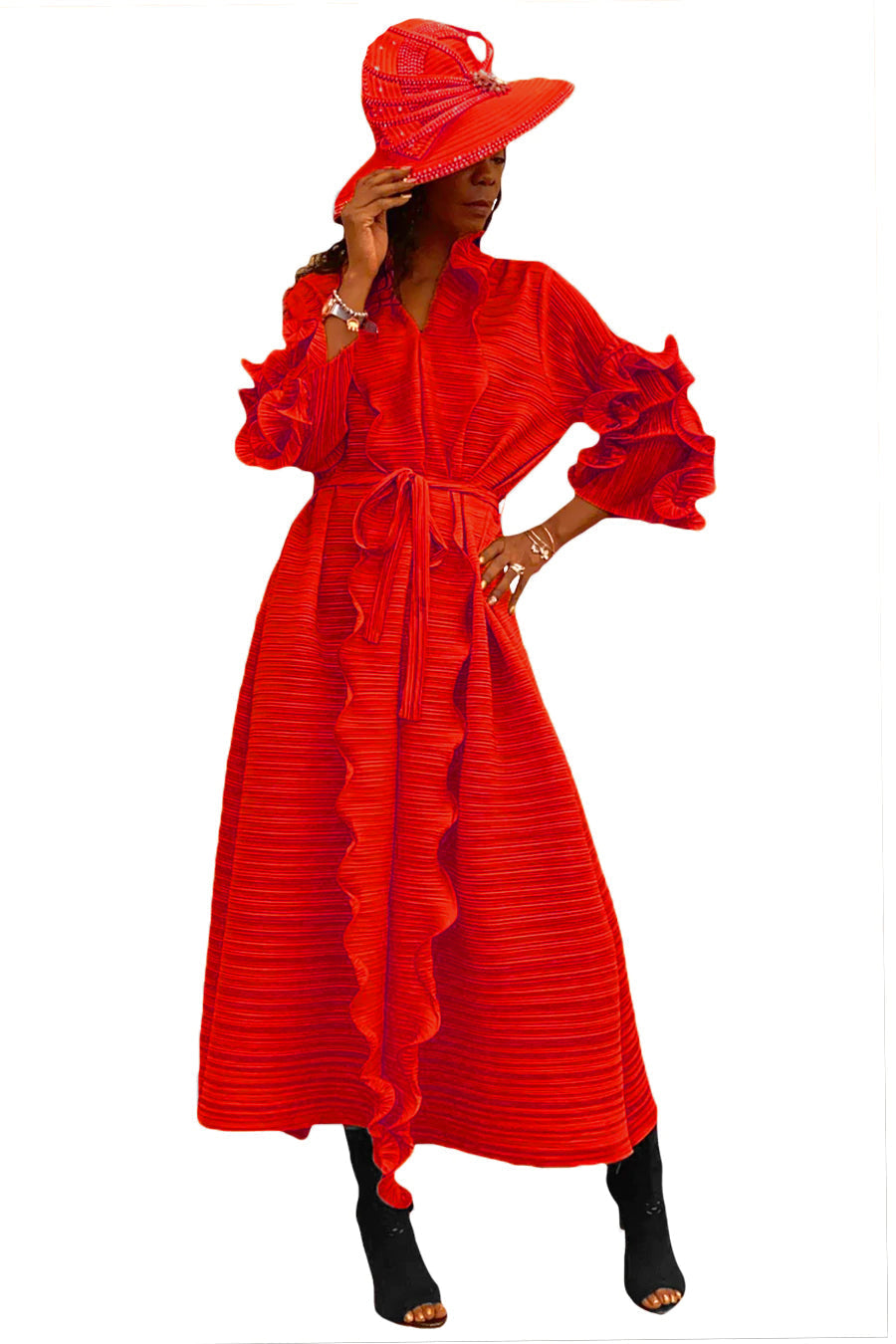 Long Sleeve Ruffle Pleated V Neck Midi Dress