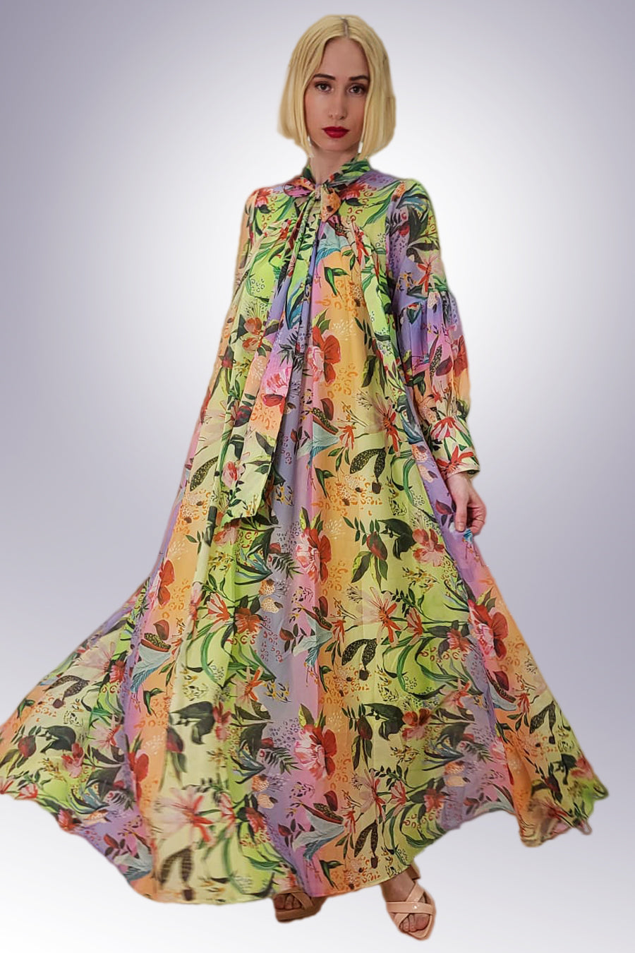 Long Sleeve Floral Print Chiffon Dress