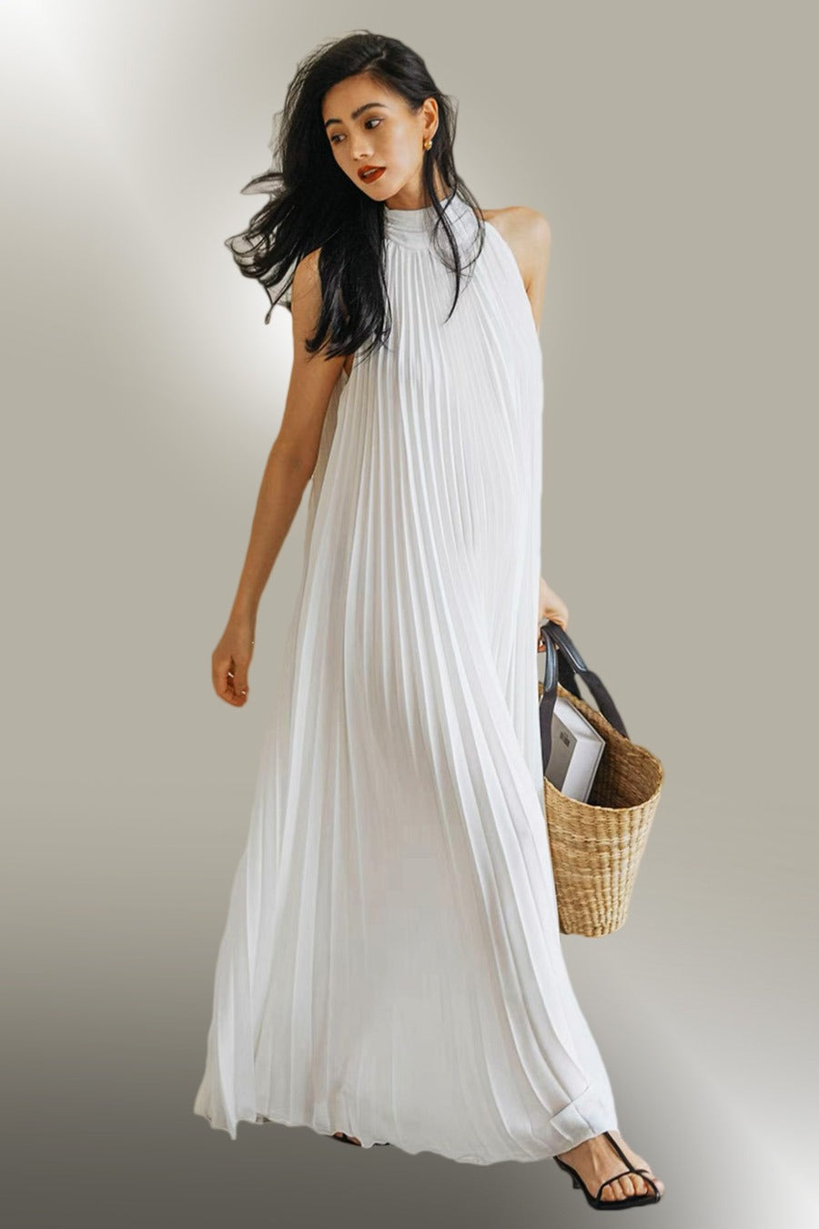Sleeveless Halter Pleated Long Dress